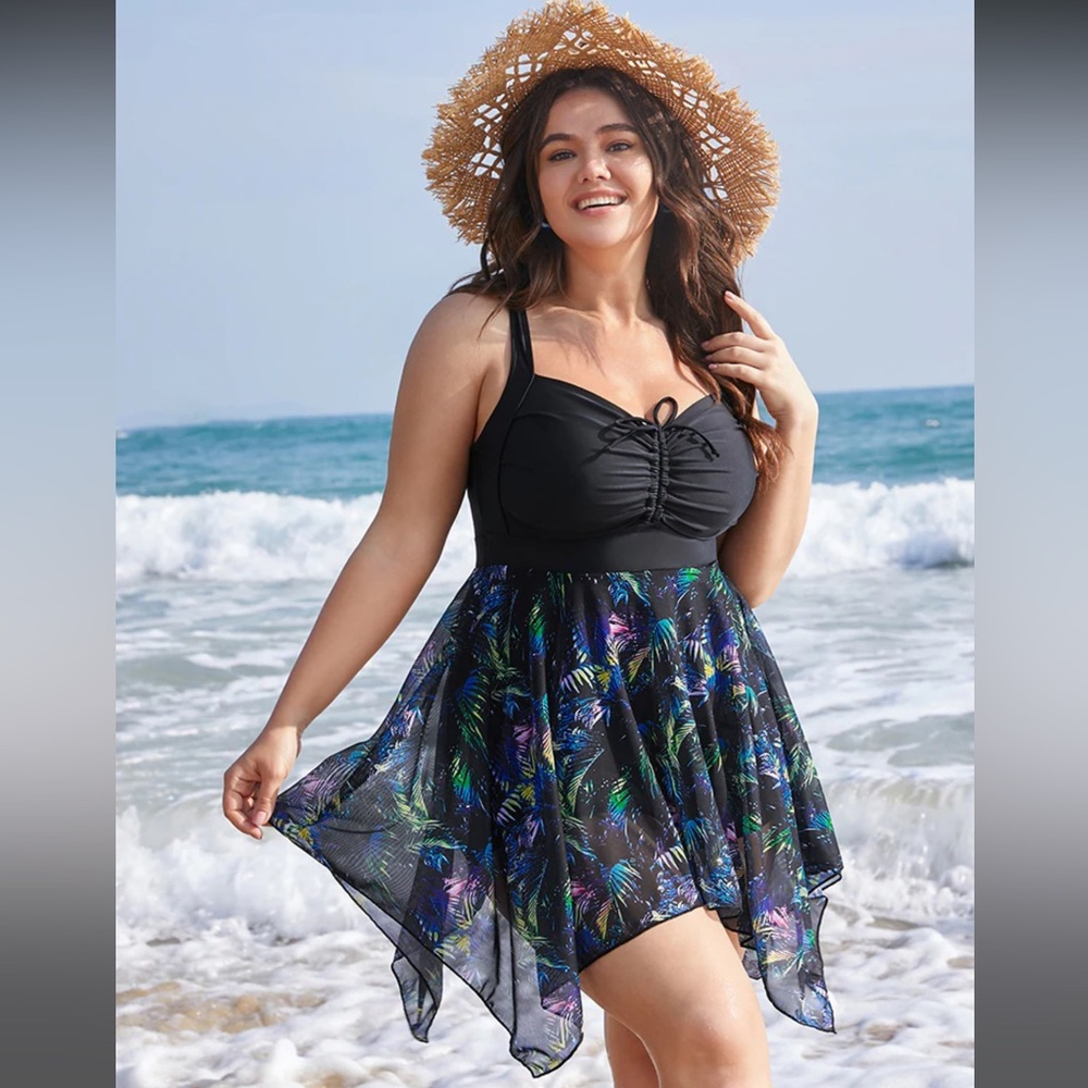 BloomChic Black One-Piece Swimdress with Iridescent Tropical Print